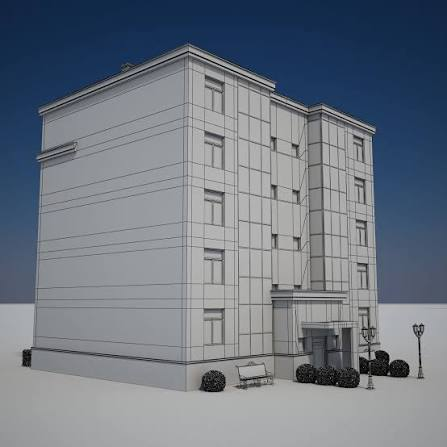Gray 3D model of a five-story rectangular building with a paneled facade, narrow windows, and a small entrance garden