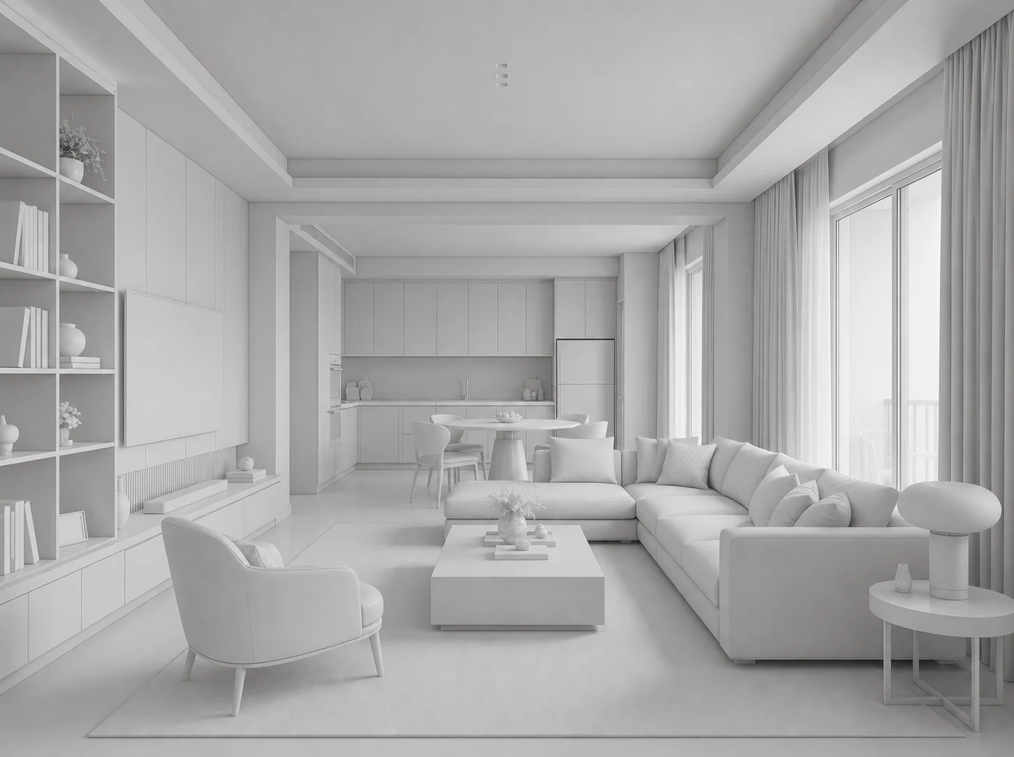 Untextured white clay model of a furnished living room with an open kitchen and large windows