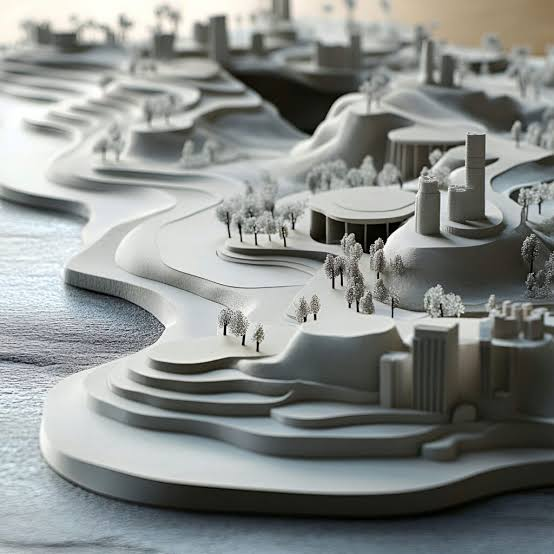 White physical-style site model of a terraced waterfront landscape with curved landforms, trees, and cylindrical buildings