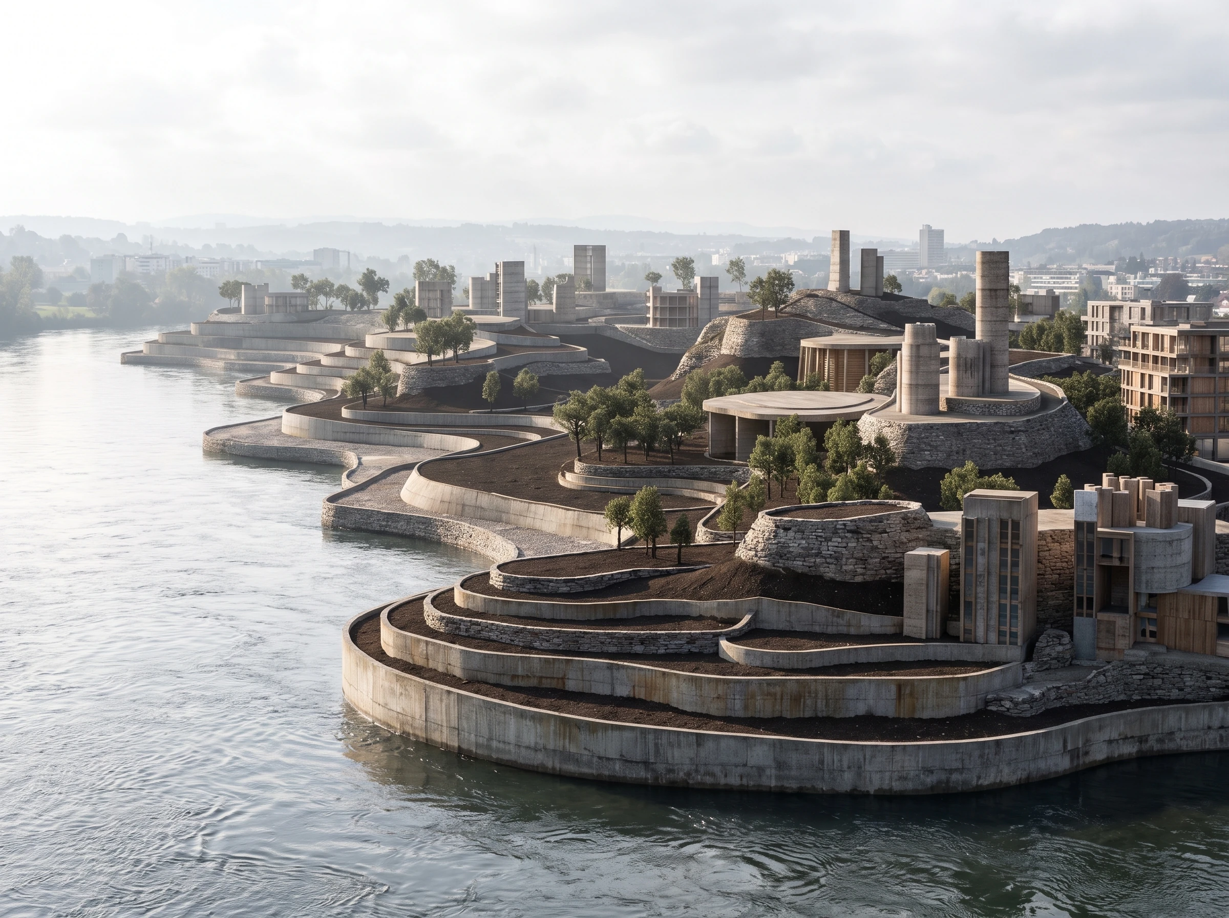 Aerial render of a terraced waterfront development with curved retaining walls, trees, cylindrical buildings, and a distant city