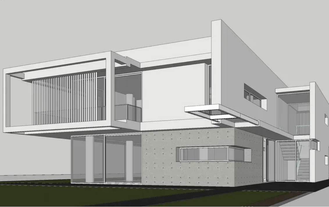 Untextured 3D model of a two-story modern house with cantilevered volumes, vertical screens, and large windows