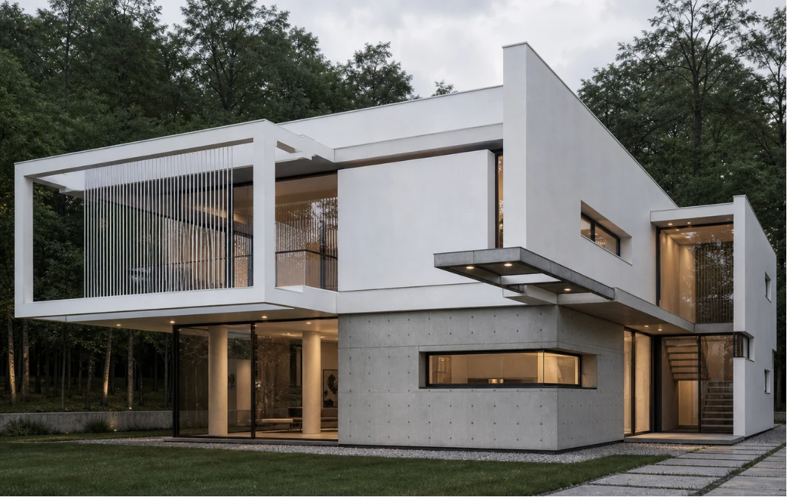 Modern residence before a facade material edit