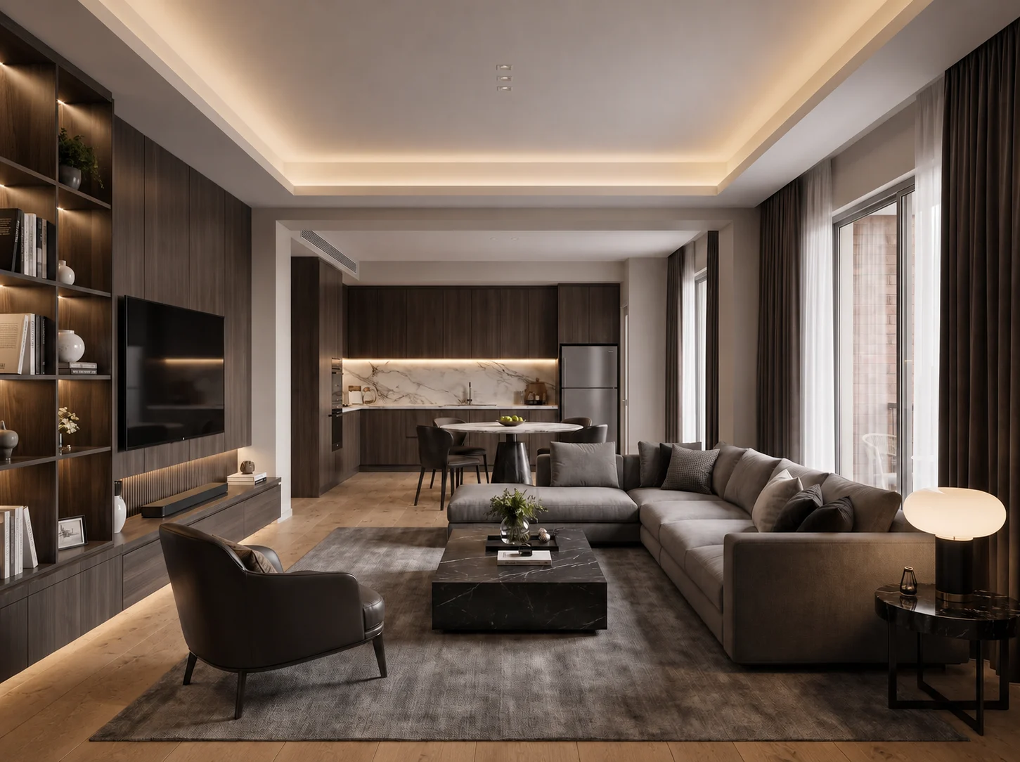 Furnished interior after the selected stone floor was changed to oak