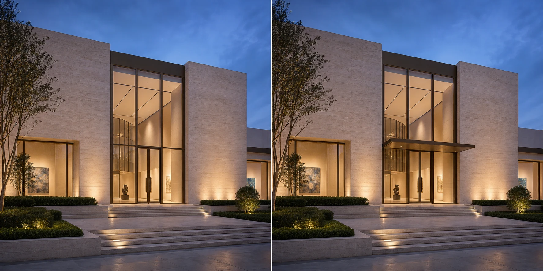 Before and after comparison of a modern building entrance with a new black canopy