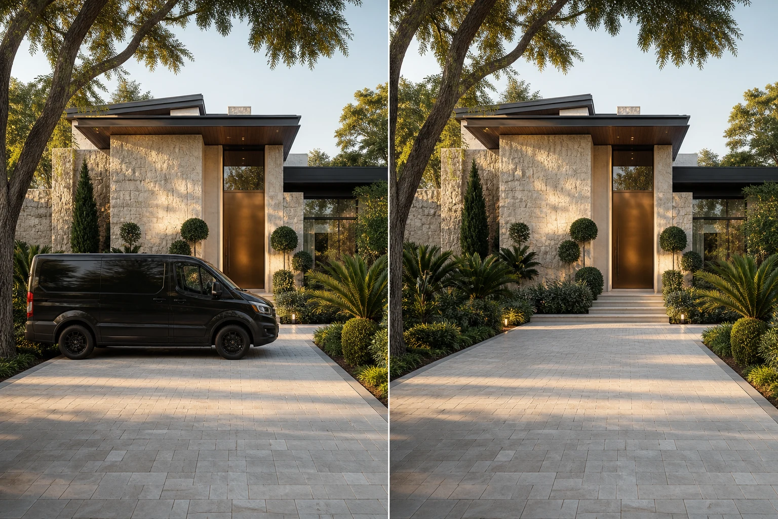Before and after comparison of a black van removed from a landscaped residential driveway