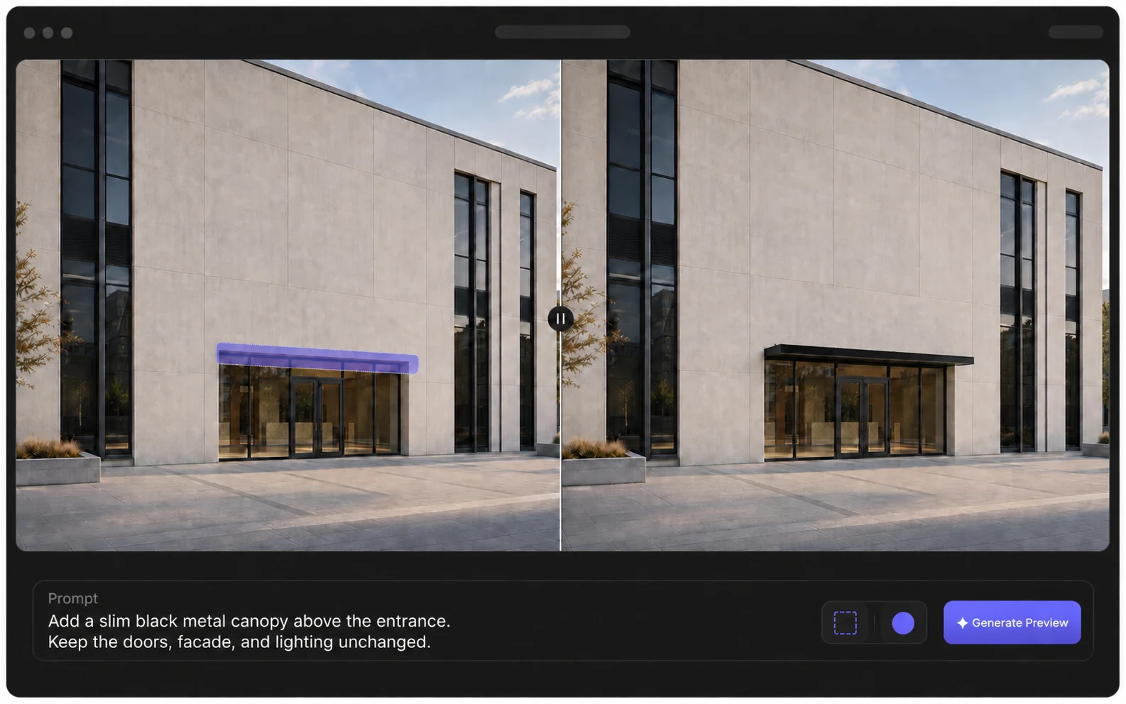 AI render editor preview comparing a selected entrance area with the generated black canopy result
