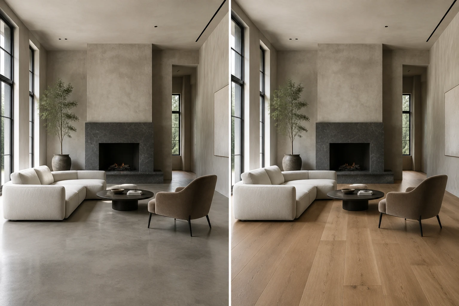 Before and after comparison of a polished concrete living-room floor changed to natural oak planks