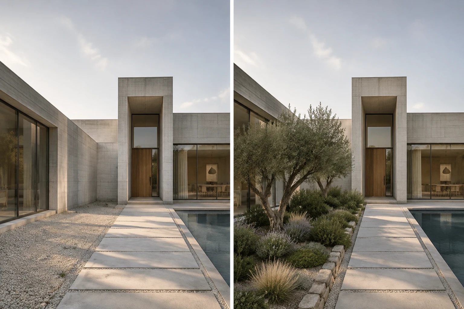 Before and after comparison of a bare courtyard planting area filled with olive trees, grasses, and shrubs