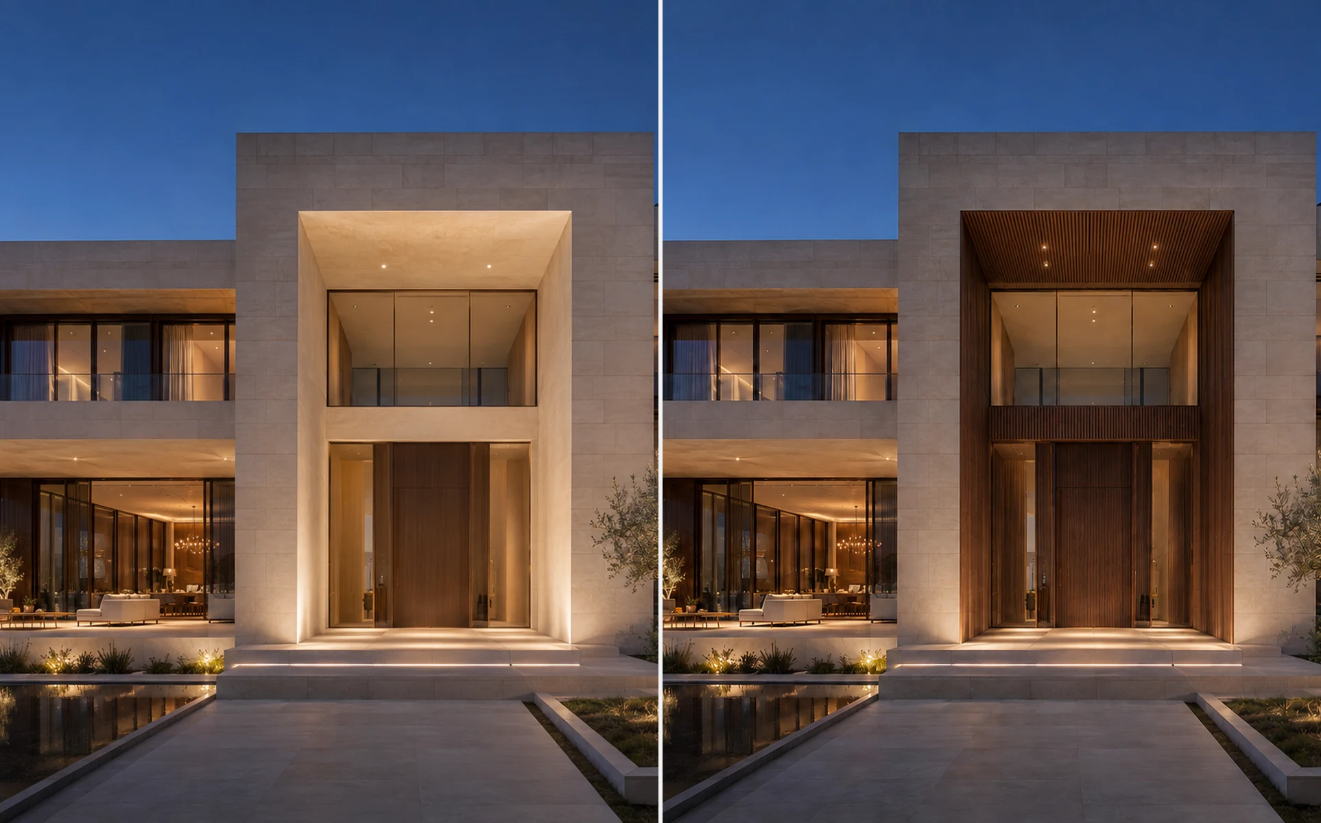 Before and after comparison of a stone villa entrance changed to dark timber cladding
