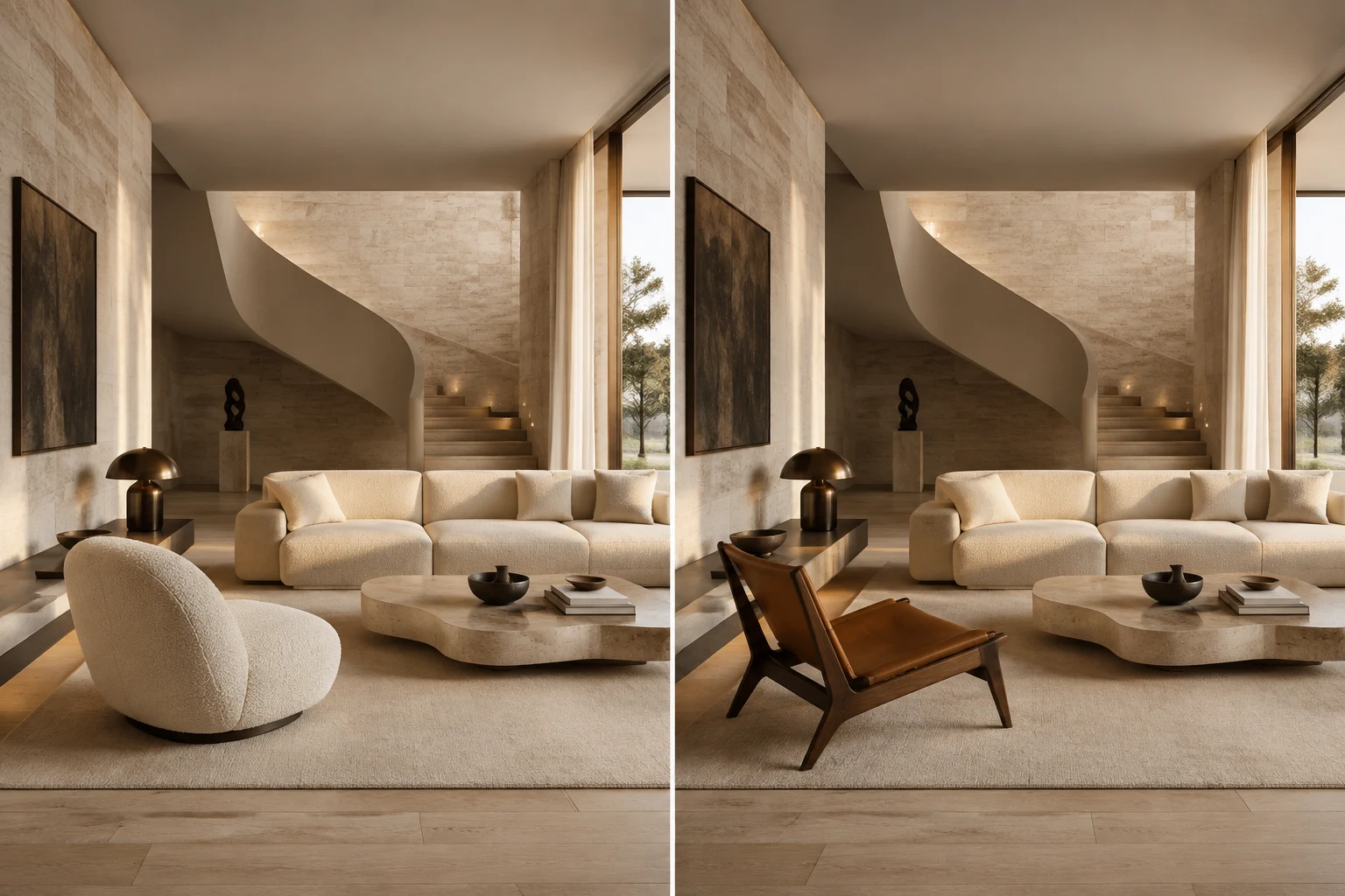 Before and after comparison of a white swivel chair replaced with a wood and leather lounge chair
