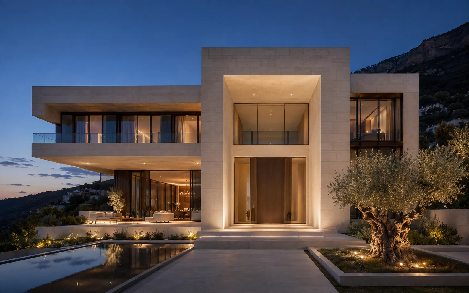 Modern stone villa entrance before selected-area editing