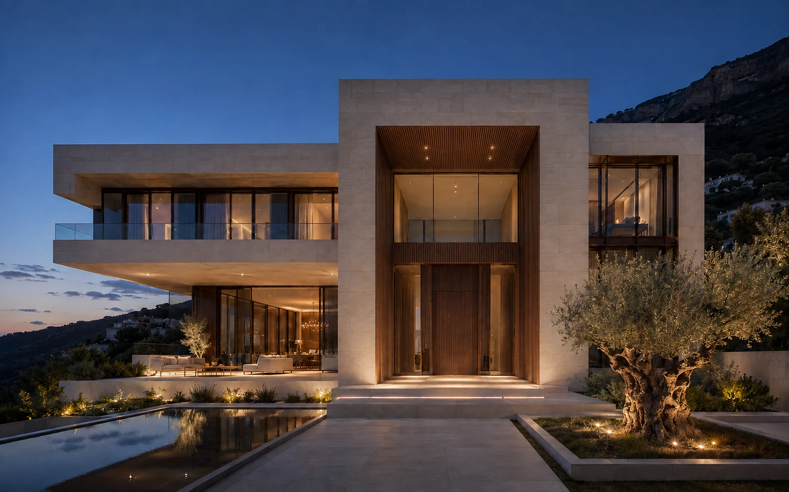Same villa entrance after dark timber cladding was applied to the selected area