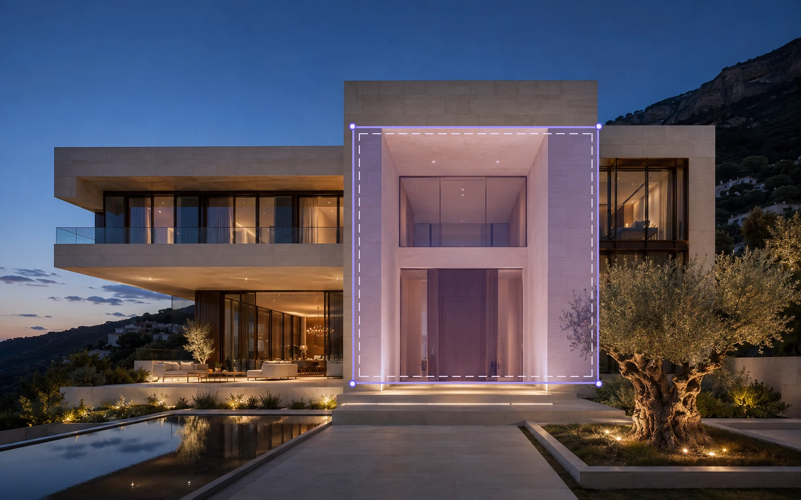 Villa entrance volume selected for an AI material edit