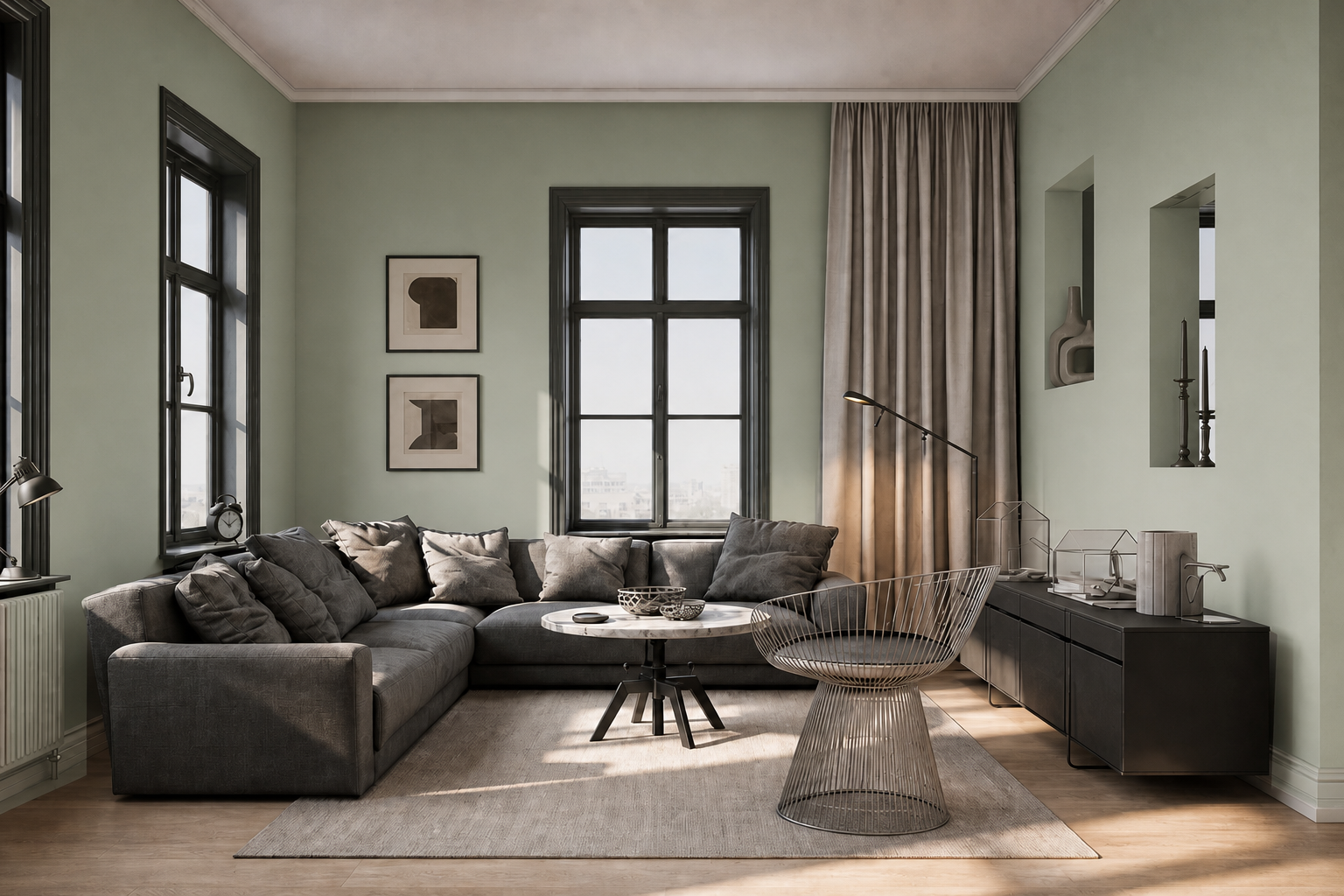 Living room with sage green recolored walls