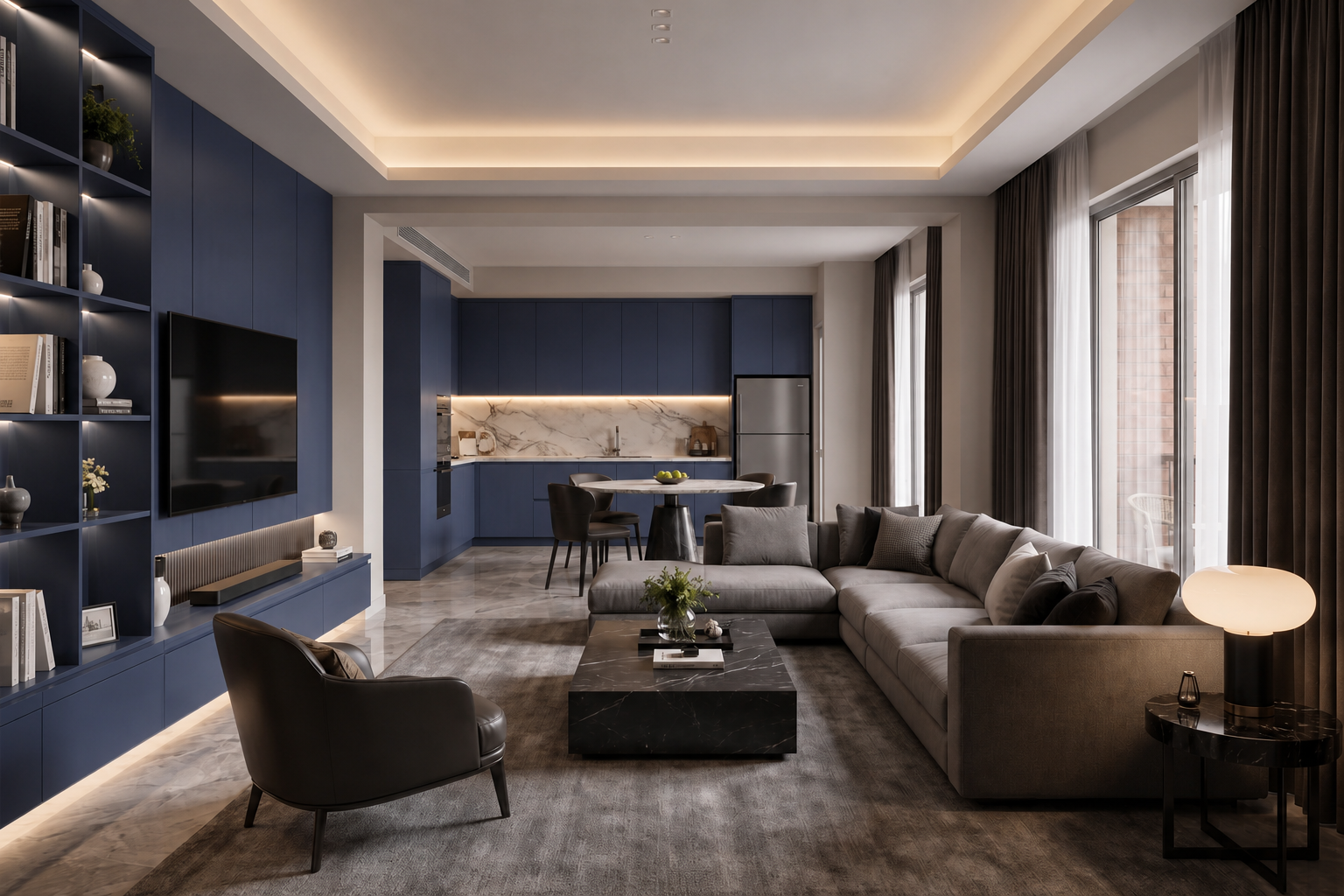 Same living room and kitchen with cabinets recolored deep navy