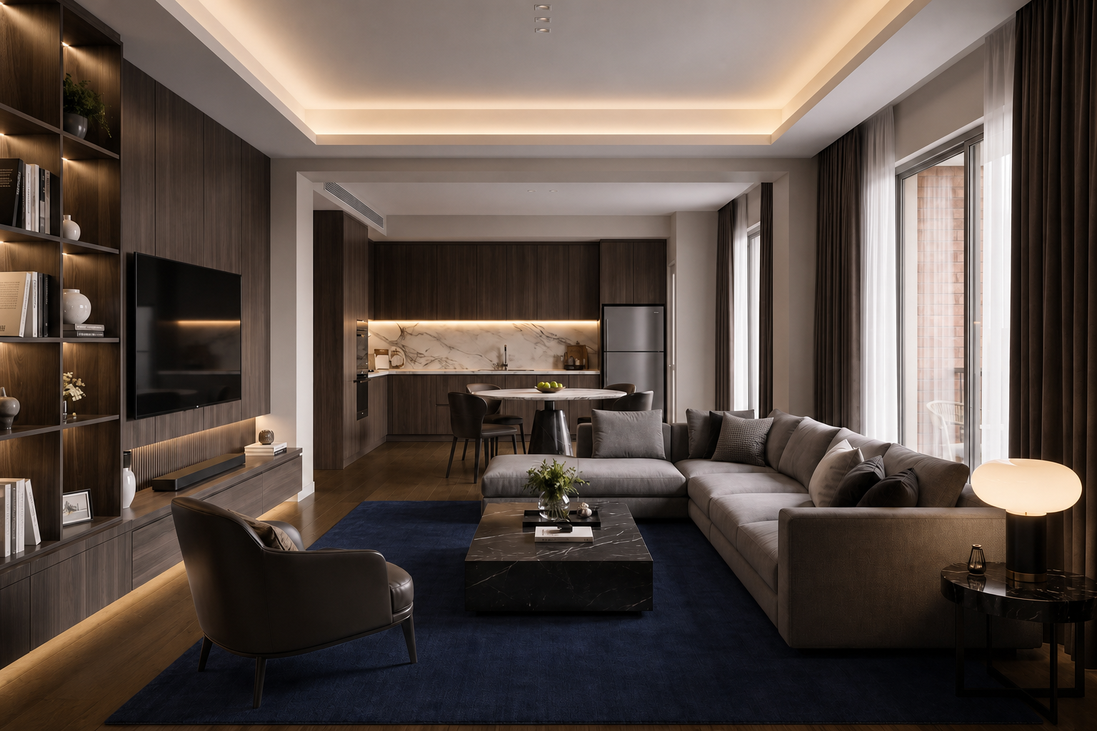 Same living room with darker walnut flooring and a deep navy rug