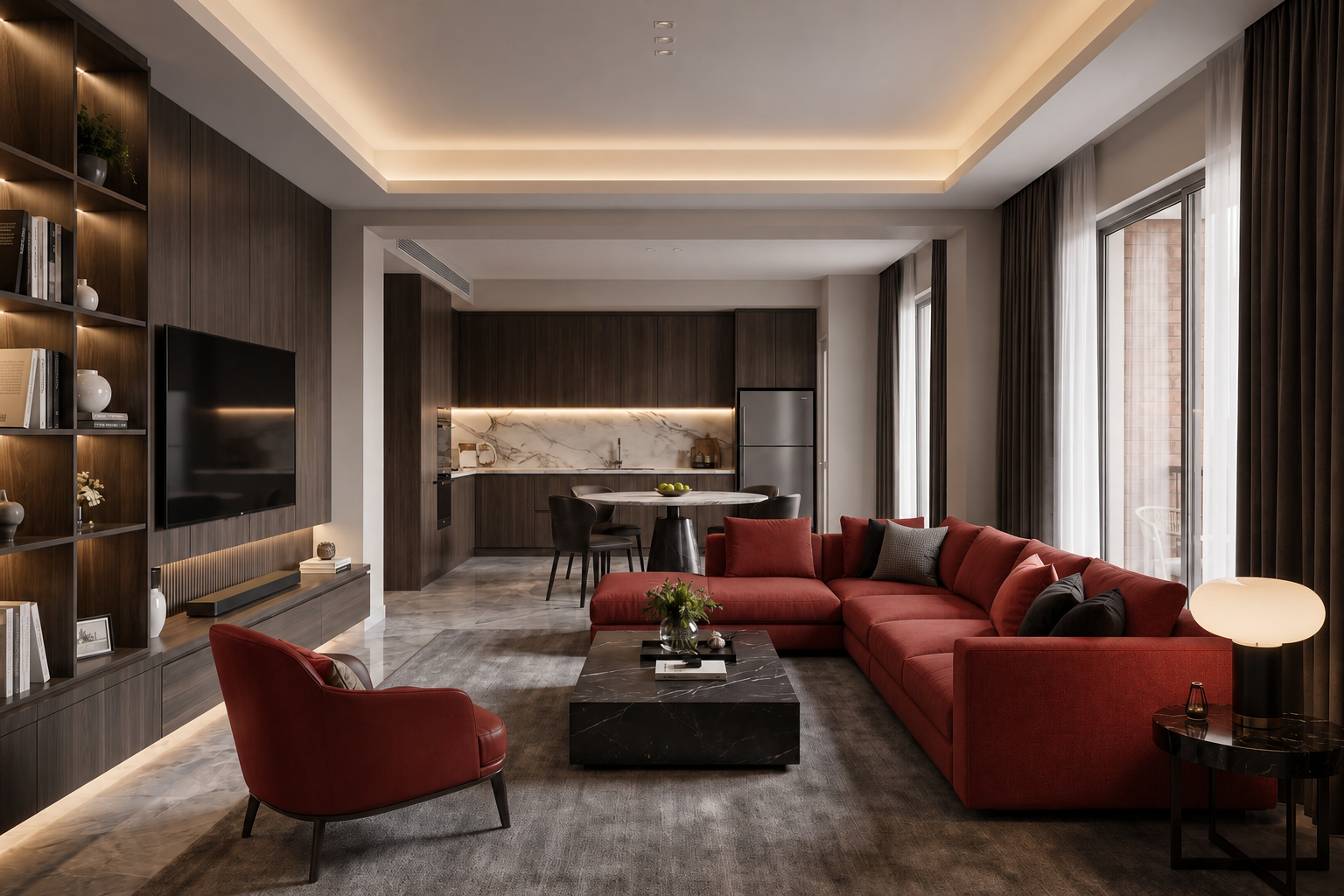 La misma sala con el sofá y el sillón recoloreados en rojo intenso