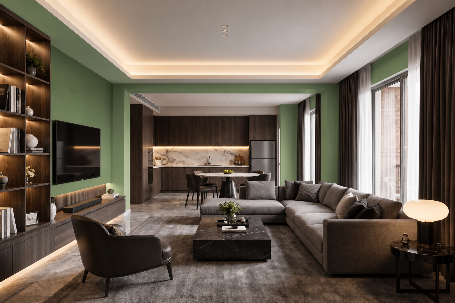 Same living room with walls recolored sage green
