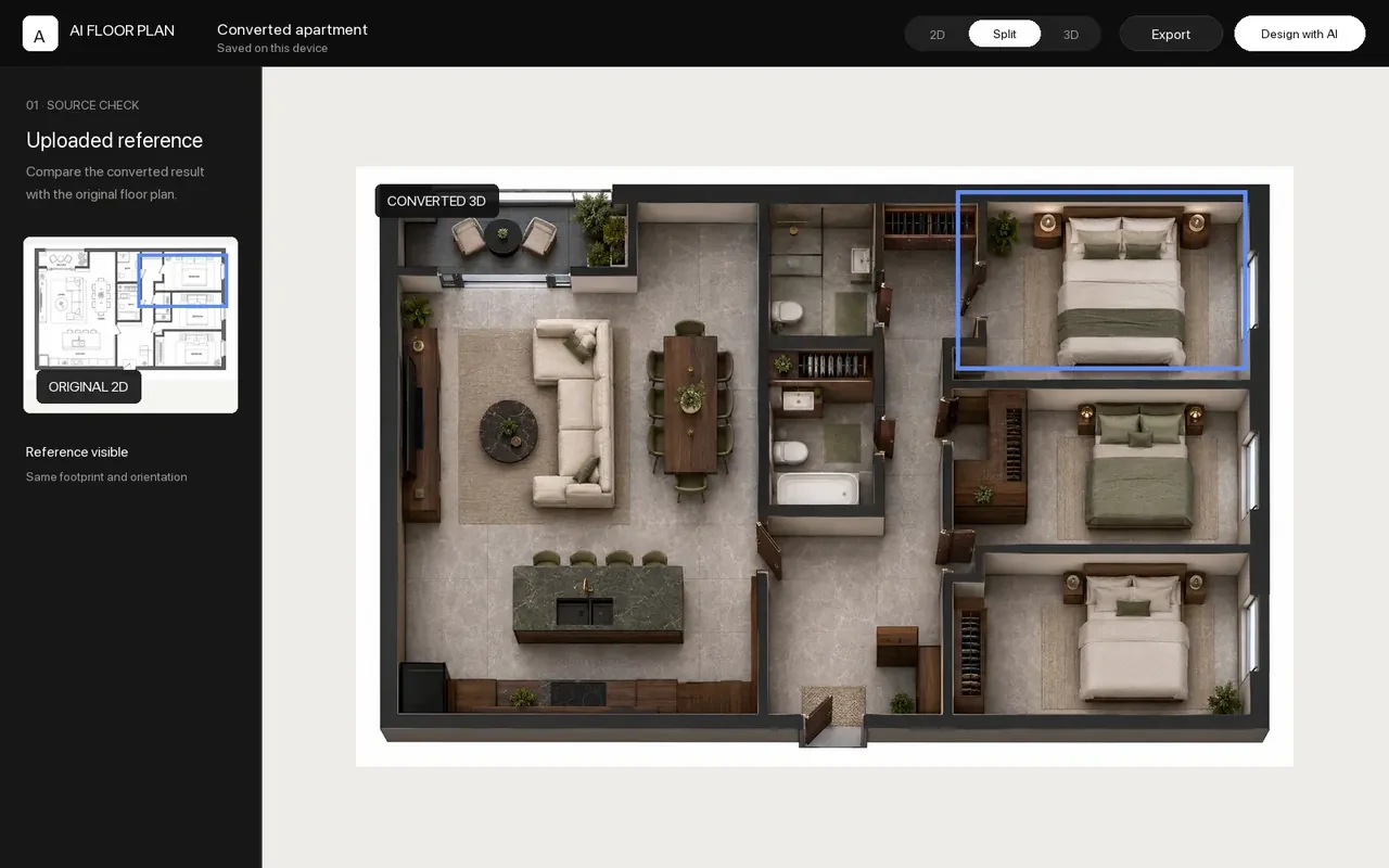 Converted apartment project displayed beside its uploaded 2D reference