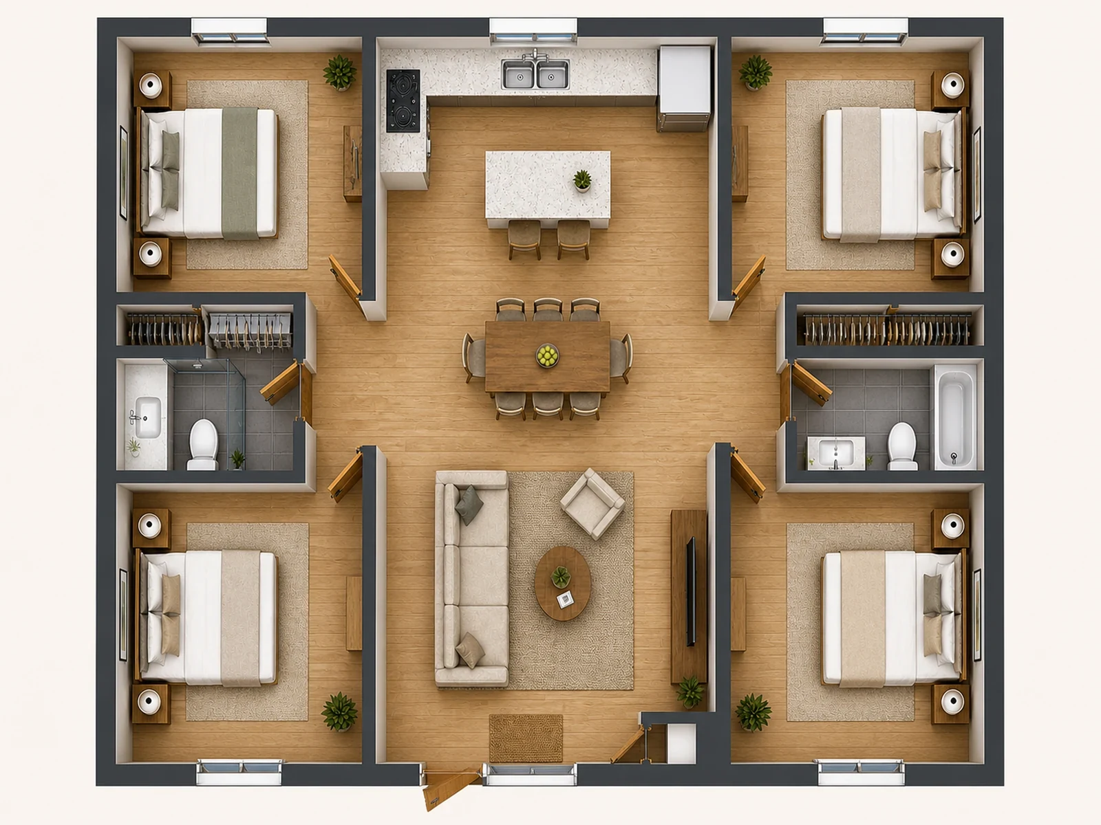 Editable furnished 3D apartment model converted from the same floor plan