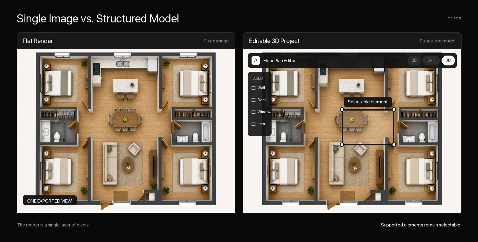 Flat floor plan render beside an editable project with a selected dining table