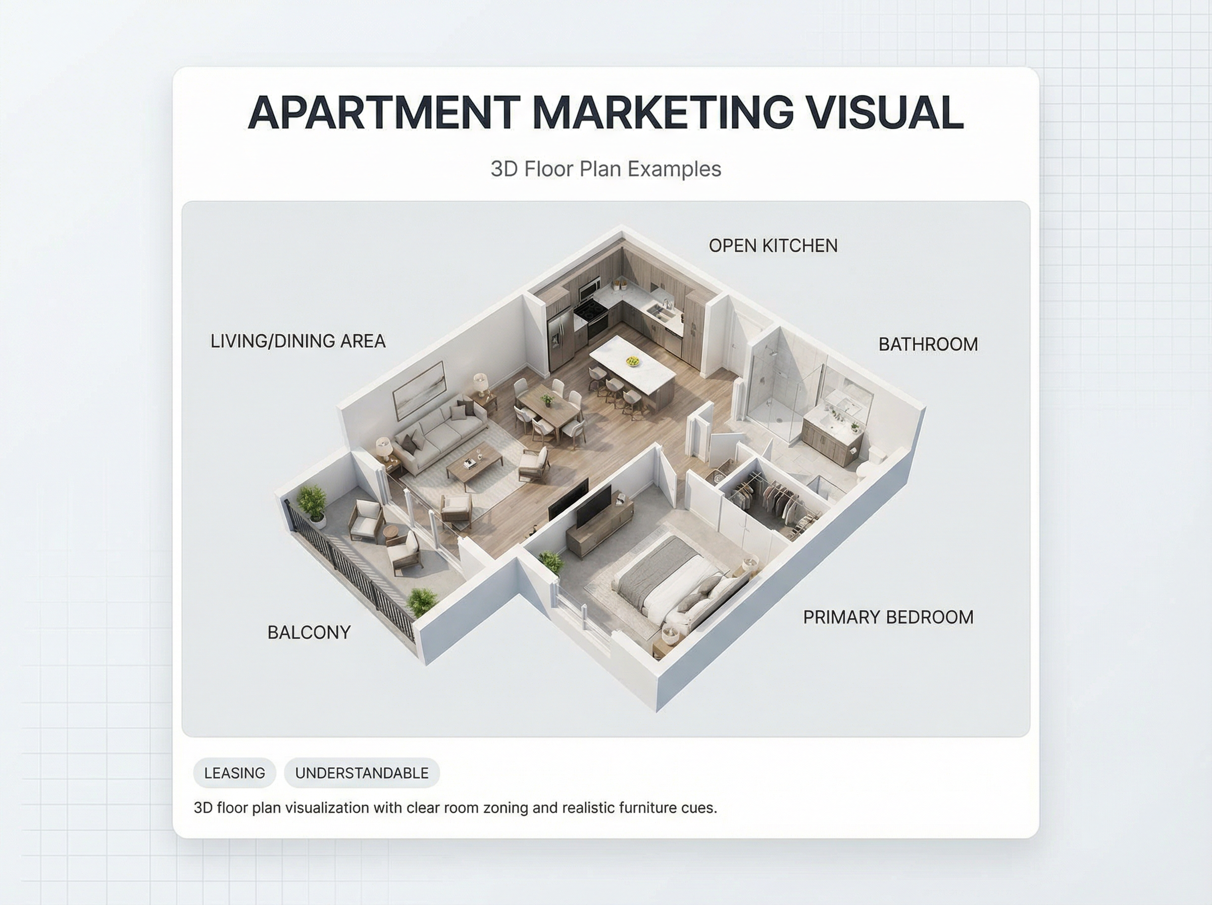 Visuel marketing d'appartement avec plan 3D et zonage clair