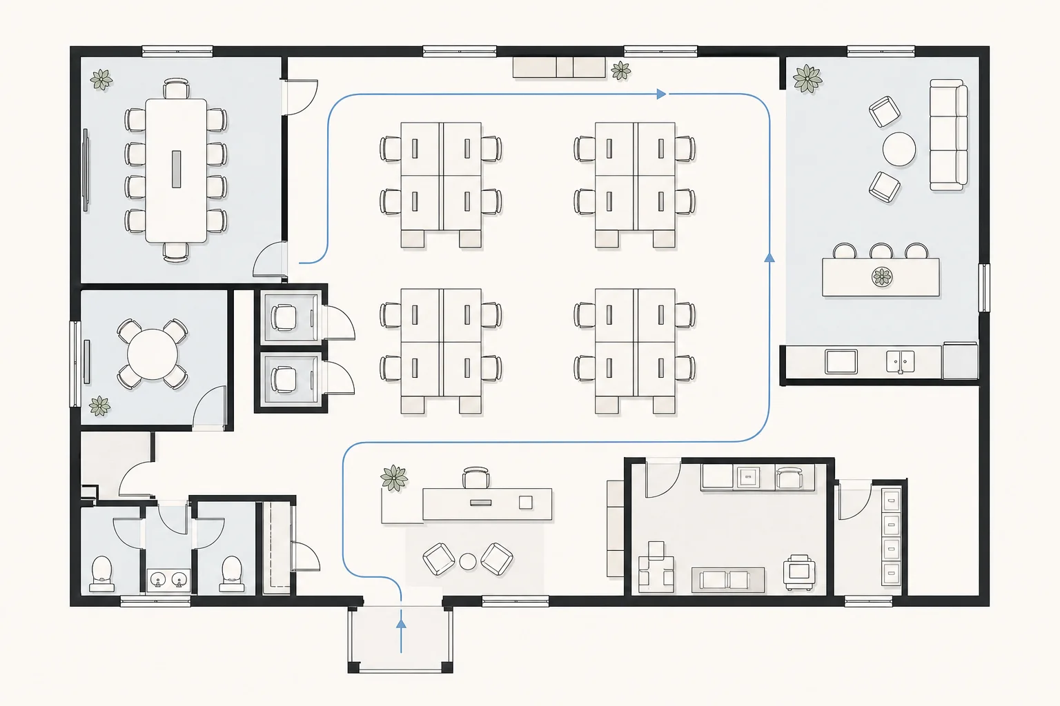 Office floor plan showing work areas and circulation paths