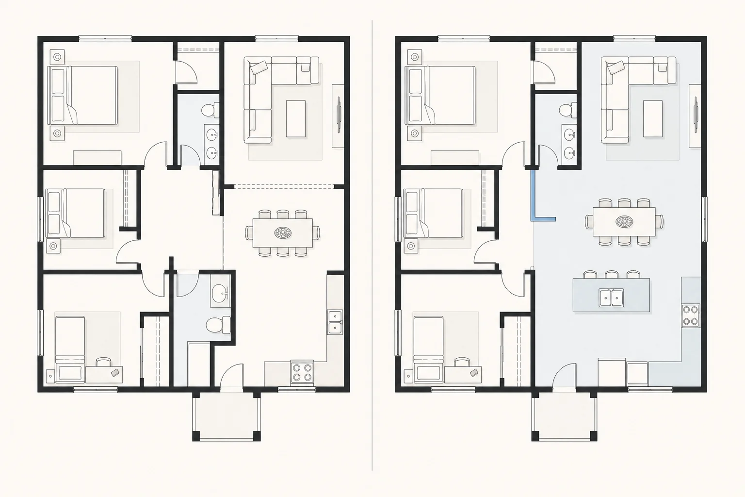 Two residential floor plan options shown side by side for renovation review