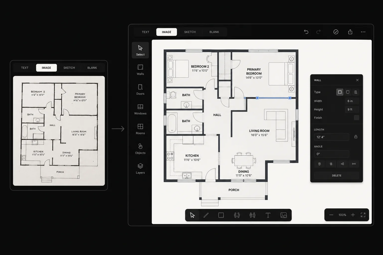 Editable 2D floor plan shown beside its imported reference in the editor
