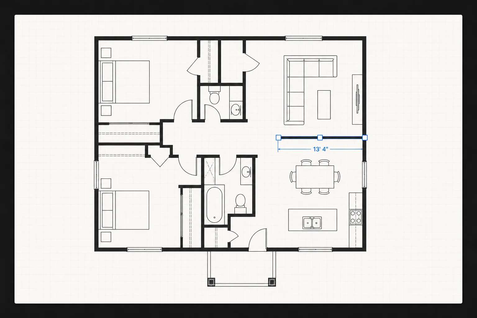 Clean editable 2D floor plan rebuilt from the hand-drawn reference