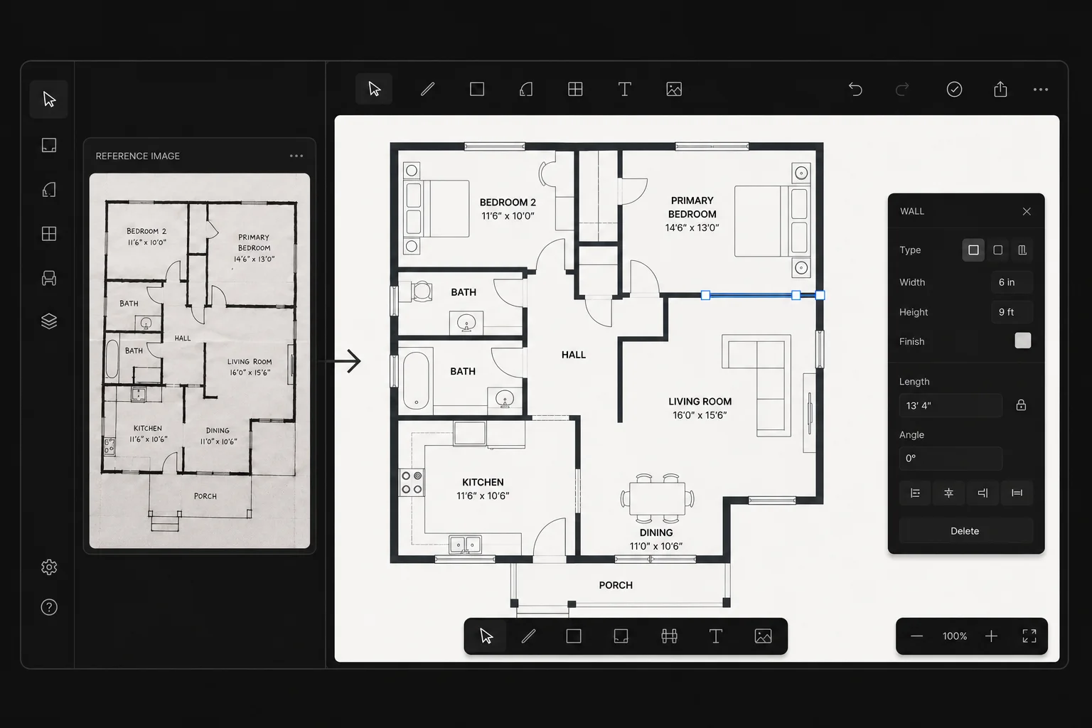 Floor plan editor rebuilding an uploaded reference image into an editable layout