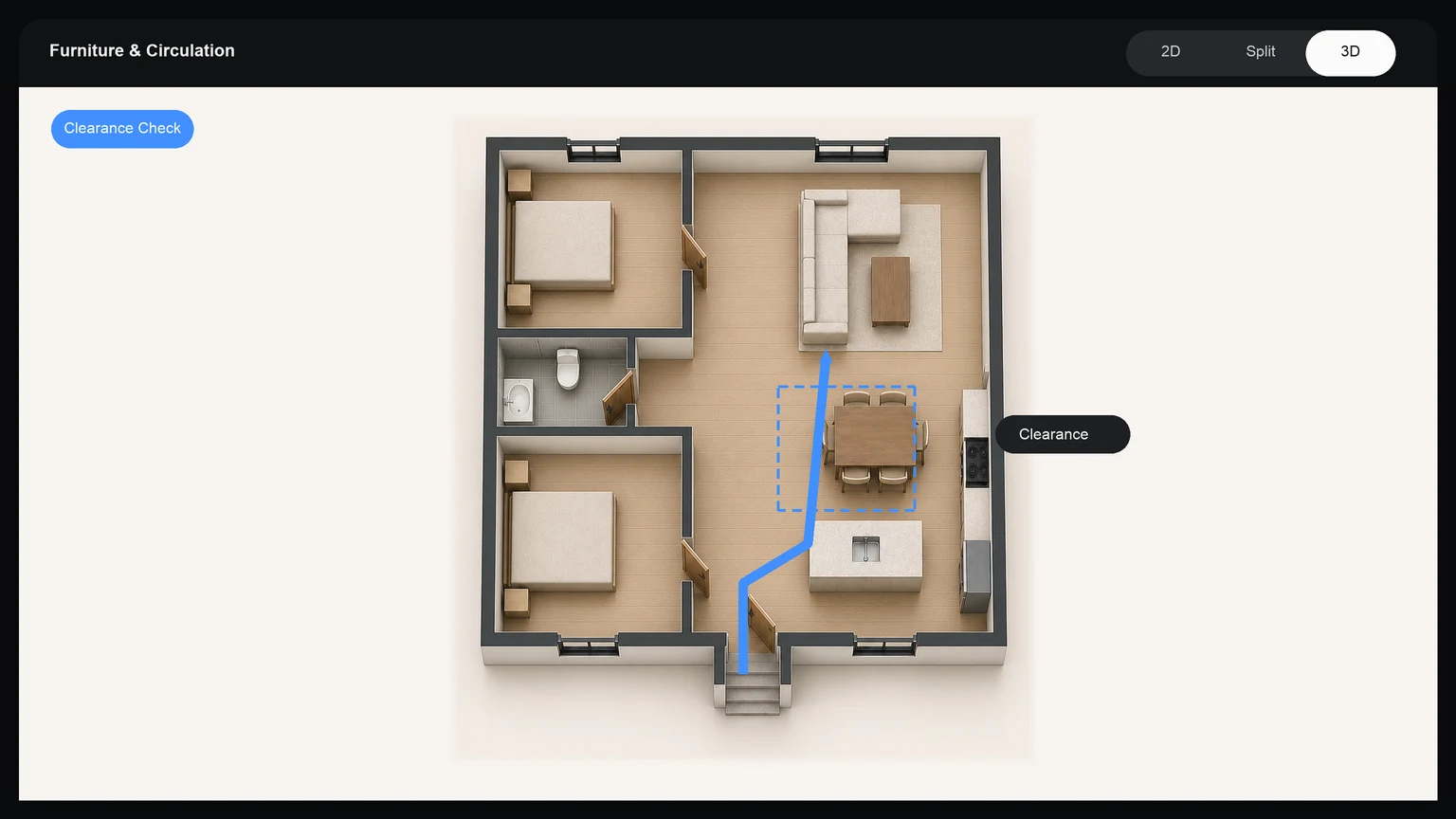 3D floor plan showing furniture clearance and a circulation path through the apartment