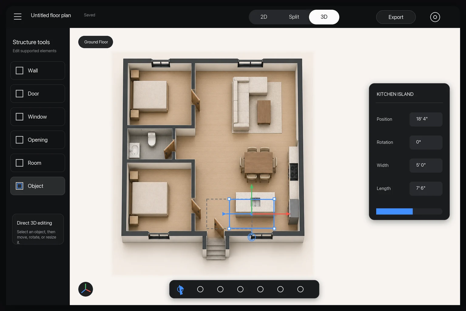 Editable 3D floor plan with a selected kitchen island and direct object controls