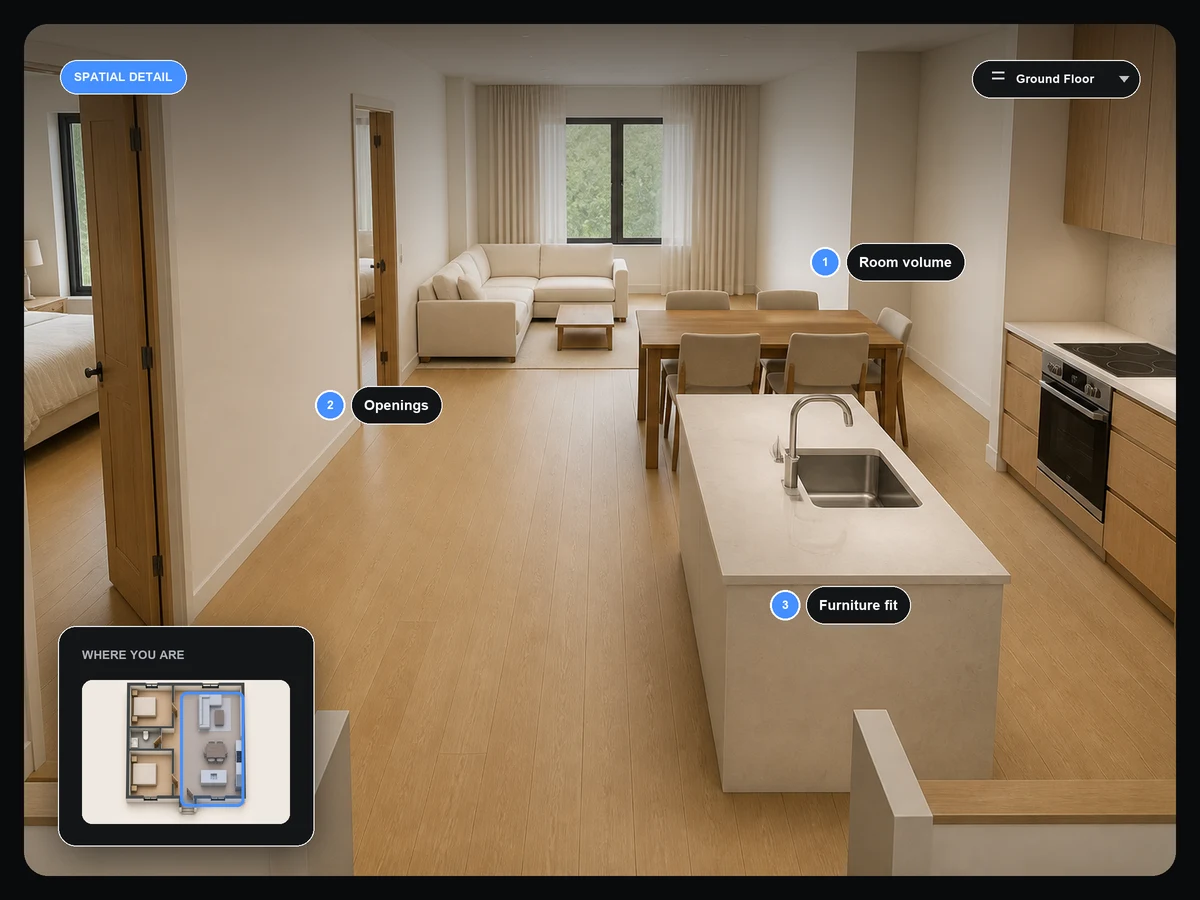 Interior spatial review highlighting room volume, openings, furniture fit, and current floor context