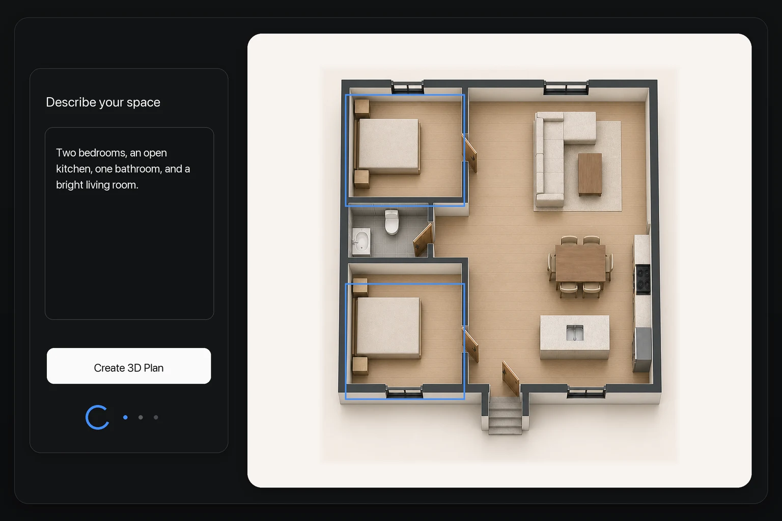 Text description creating an editable furnished 3D floor plan
