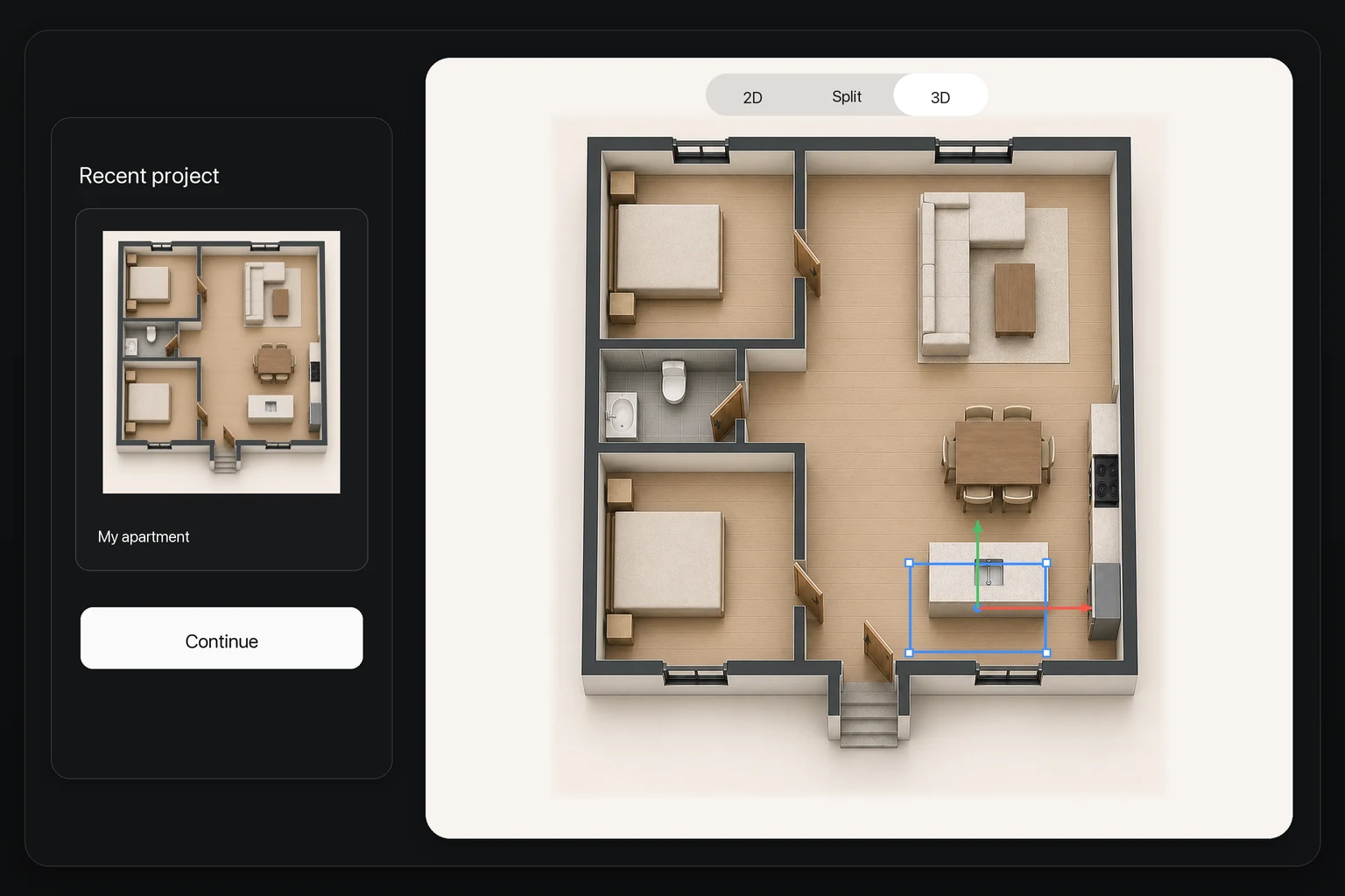 Existing editable floor plan project reopened in the connected 3D view