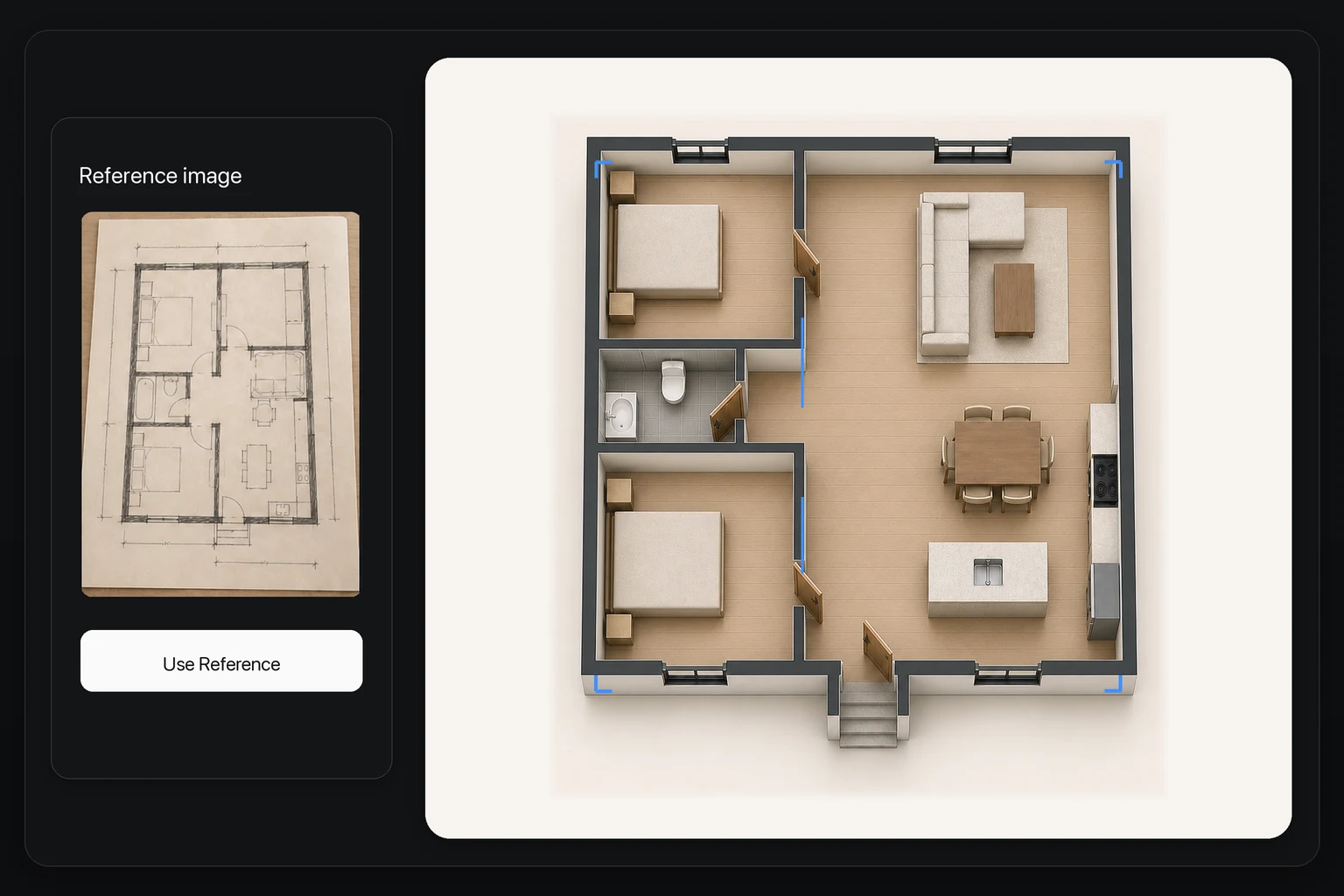 Hand-drawn floor plan reference mapped into an editable 3D layout