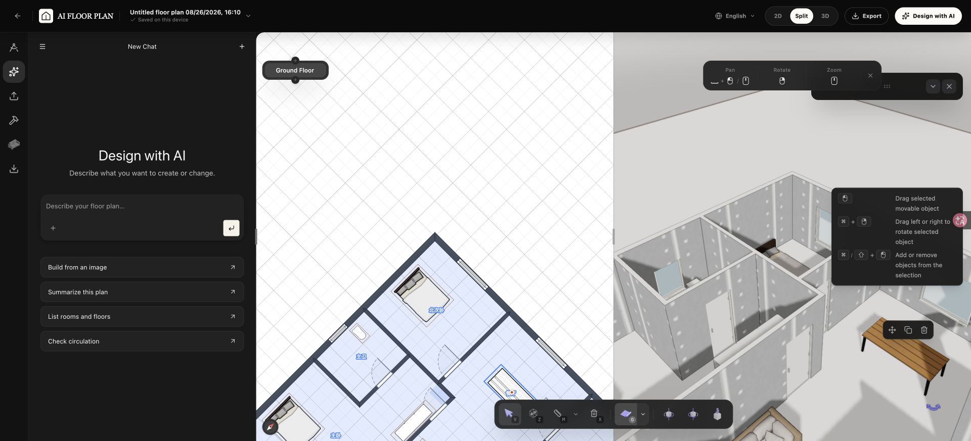English editor Split view showing the same floor plan in 2D and 3D