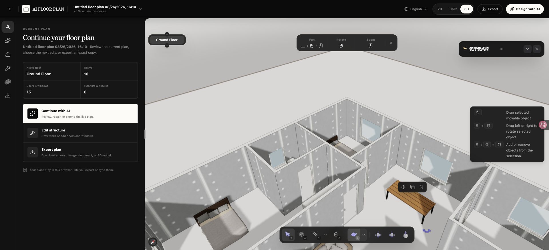 English 3D floor plan editor with a selected furniture item and direct move, duplicate, and delete controls